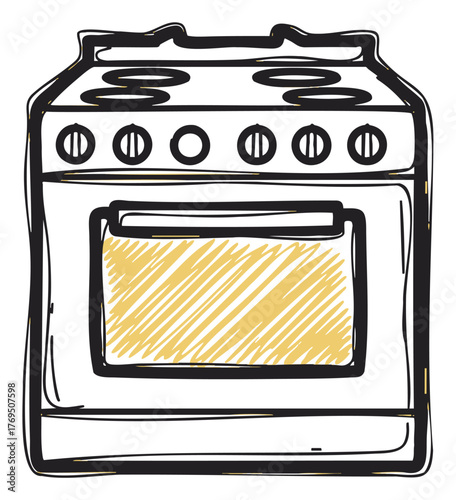 Hand-drawn sketch of a kitchen stove with four round burners and a visible oven door in a minimalistic style.