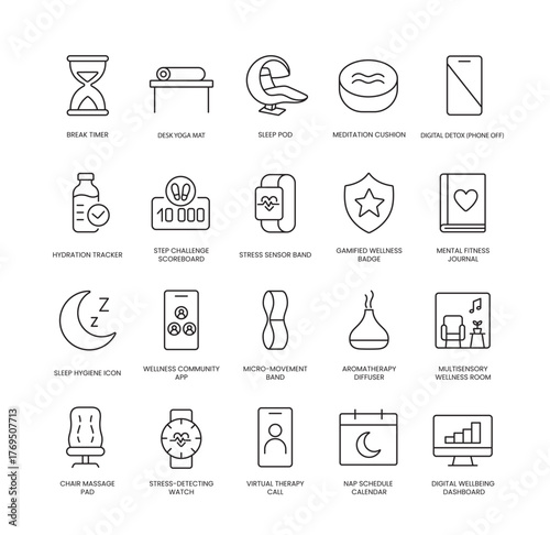 A set of vector icons representing tools for employee wellness and digital wellbeing, created in line style with editable stroke