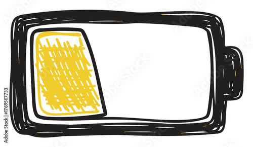 Hand-drawn outline of a rectangular battery icon with a partially filled yellow section, representing low power or energy.