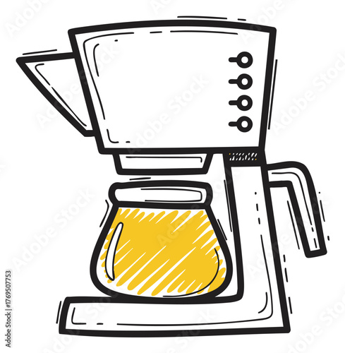 Black outline vector icon of a drip coffee maker with a transparent carafe half-filled with brewed coffee. minimalistic design for beverage and kitchen appliance themes.