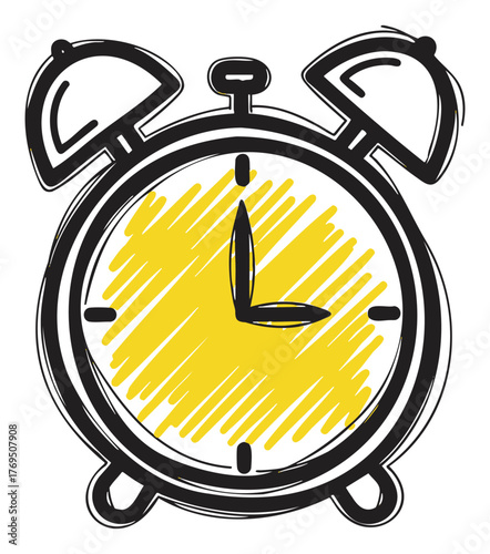 Hand-drawn sketch of a classic alarm clock with a yellow face and two bells on top, emphasizing time management and punctuality.