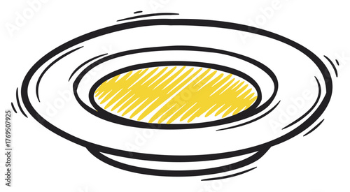 Stylized doodle of a circular wide-brimmed hat with a yellow crown, depicted in simple black lines with textured shading.