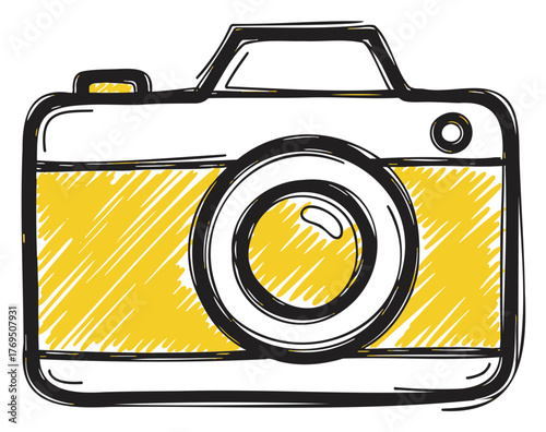 Black outline drawing of a classic rectangular camera with a prominent yellow section and circular lens, sketched in a playful style.
