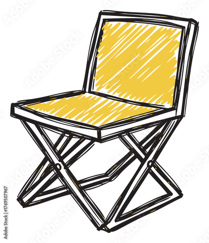 Hand-drawn sketch of a foldable wooden chair with a yellow upholstered seat and backrest.