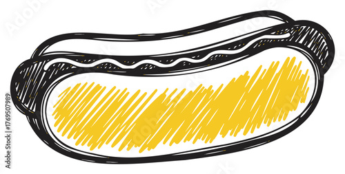 Black outline and yellow shaded simple doodle of a hot dog with stylized bun and sausage, showcasing abstract food illustration design.