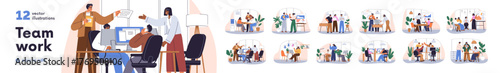 Teamwork in office. Business communication, brainstorming, professional ideas discussion. Colleagues collaboration, meeting. Team, group work. Flat vector illustration set isolated on white background