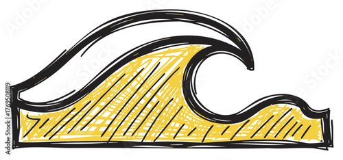Hand-drawn sketch of a stylized ocean wave, featuring bold black outlines and intricate yellow shading patterns.
