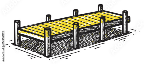 Hand-drawn illustration of a simple rectangular wooden bench with a slatted yellow seat, supported by sturdy posts on each corner.