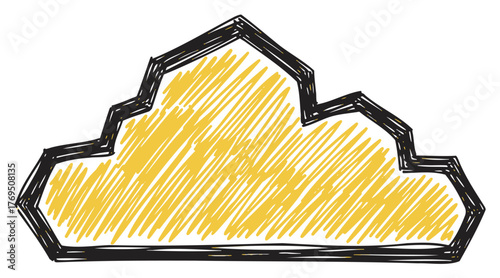 Hand-drawn sketch of a yellow cloud with a black outline, featuring a rough, textured appearance and symmetric angular shapes.
