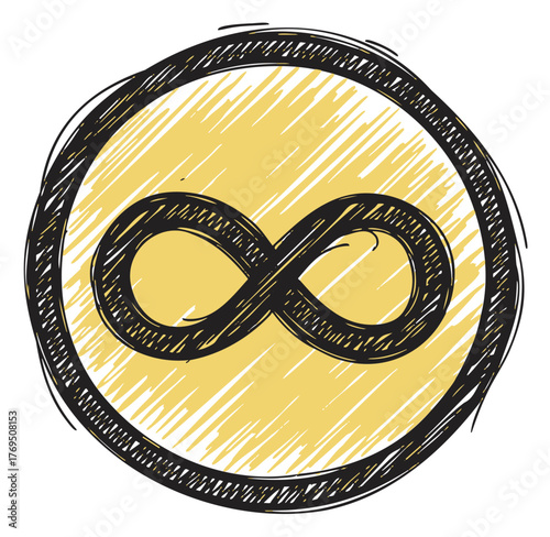 Black infinity symbol inside a yellow circle with a sketched border, suggesting endless possibilities or concepts of continuity.