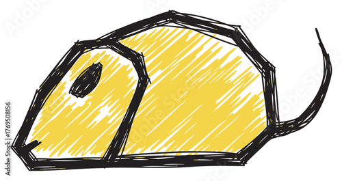 Colorful sketch-style drawing of a yellow mouse with bold black outlines and a prominent tail.
