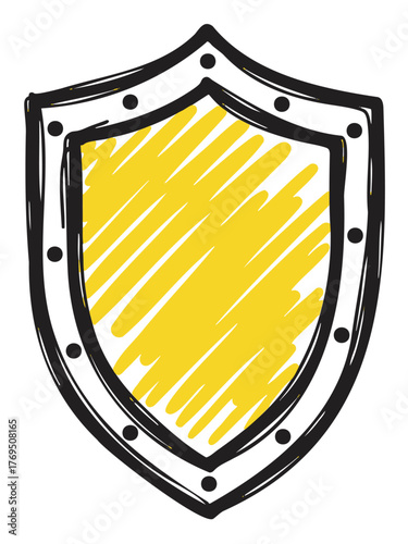 Simple black and yellow shield icon with a hand-drawn style and dotted border, representing protection and security concepts.