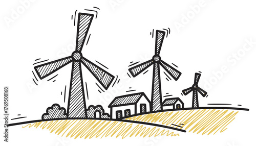Hand-drawn sketch of three large wind turbines with surrounding buildings on a hilly landscape, capturing an eco-friendly energy scene.