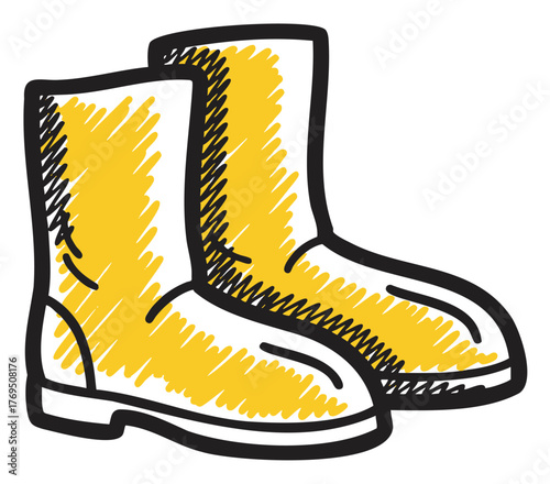 Hand-drawn yellow work boots with a bold black outline, showcasing a rugged and durable design for outdoor activities.