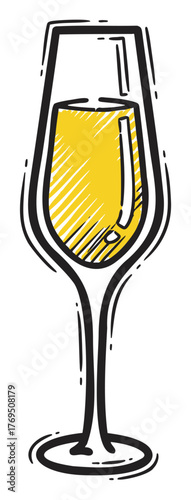 Black outline drawing of a wine glass filled with yellow liquid, displaying a hand-drawn, sketchy style with shading details.