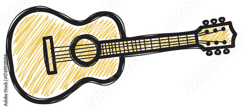 Hand-drawn sketch of an acoustic guitar with a yellow body and black outline, showcasing a detailed view of the strings and frets.