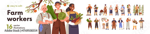 Happy agricultural workers set. People during farm and garden works with crop, harvest, shovel. Farmers, countryside rural characters farming. Flat vector illustrations isolated on white background.