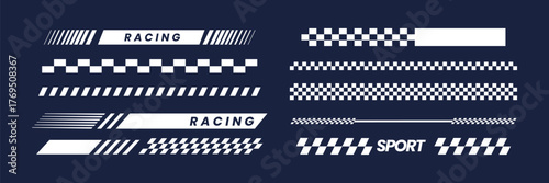 Set of racing stripes and checkered flag isolated on dark blue background. Sports racing stripes. Sports car, moto, boat stickers, striped vehicle tuning bars flat vector illustration set.