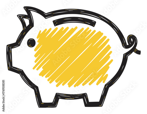 Simple vector icon of a piggy bank outlined in black with a yellow scribbled interior.