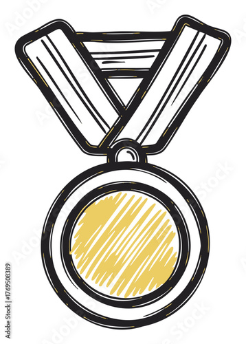 Hand-drawn style gold medal with a looped ribbon, showcasing victory and achievement in competitions.