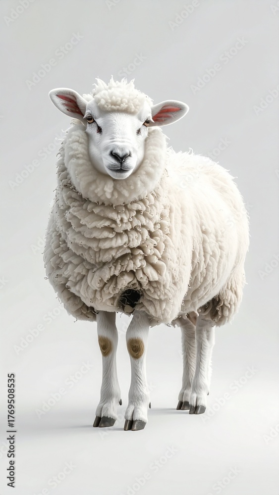 Fototapeta premium A single fluffy white sheep standing and looking forward in a studio.
