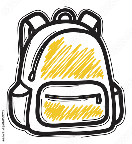 Black and yellow sketch of a simple backpack, showing detailed stitching and a front pocket in a minimalist style.