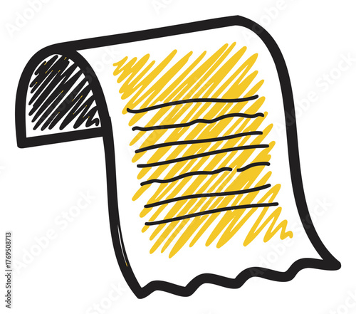 Black outline vector icon of a simple receipt with yellow highlights and horizontal lines, representing financial concepts.