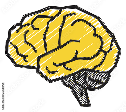 Hand-drawn sketch of a human brain in yellow and black, highlighting the cerebral folds and lobes in a stylized manner.