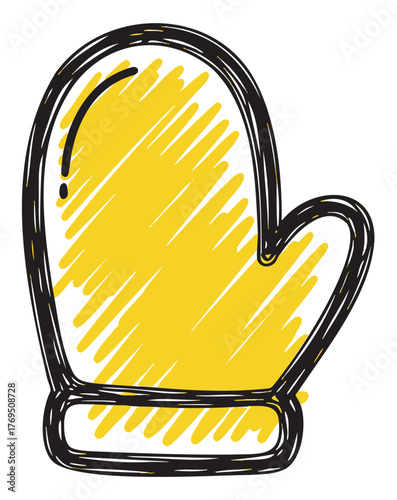 Sketch-style hand-drawn yellow oven mitt with black outline, depicting a simplistic design for kitchen use.
