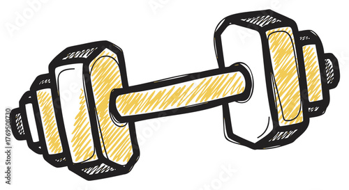 Sketched black and gold hand weight dumbbell showing intricate detailing and shading for fitness and exercise concepts.