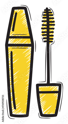 Hand-drawn style yellow mascara tube and applicator brush with black outlines. bold, sketch-like strokes provide a textured appearance.