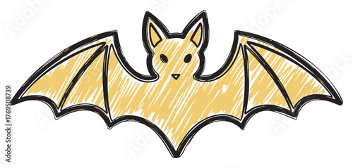Hand-drawn, black outline of a stylized yellow bat with wide, angular wings and a simple, expressive face.