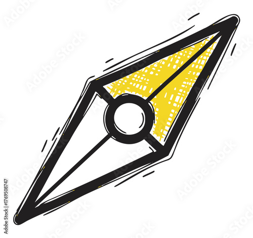 Geometric black and yellow pen nib icon with a sketched style design emphasizing creativity and writing.
