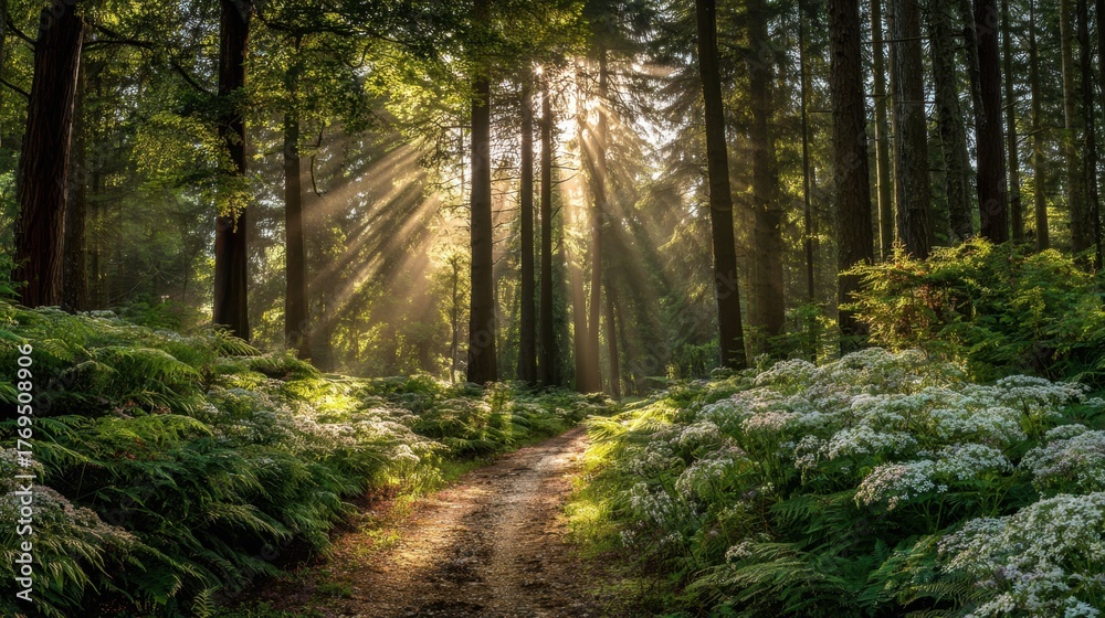 Obraz premium A forest path is illuminated by the sun, creating a peaceful and serene atmosphere. The sunlight filters through the trees, casting a warm glow on the path and the surrounding foliage
