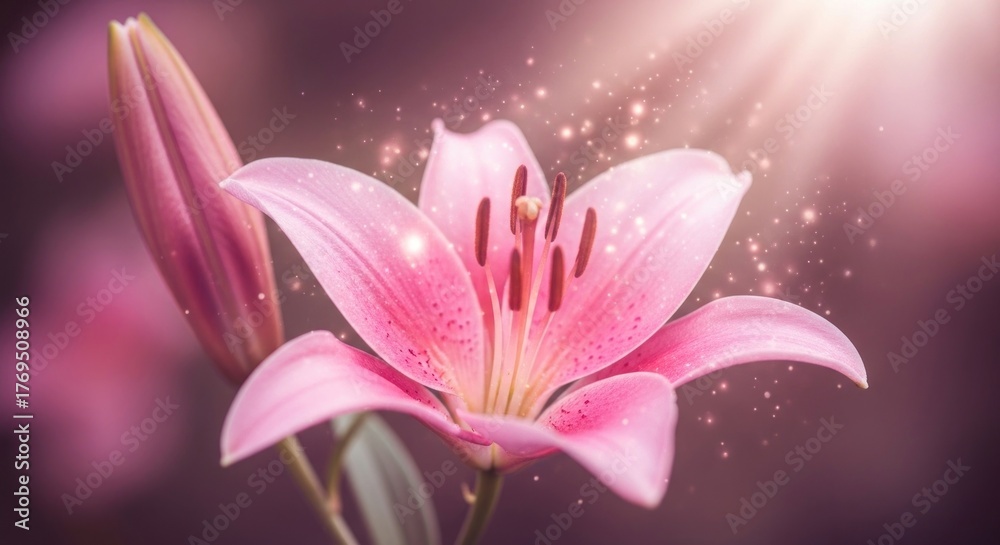 Fototapeta premium A pink lily with sparkles and sunlight in the background.