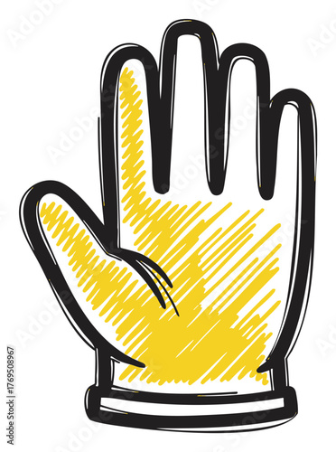 Hand-drawn sketch of a yellow and black glove with outlined details, showcasing a simple textile glove design.