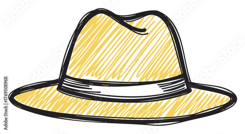 Stylized sketch of a classic fedora hat with a yellow textured pattern and a wide brim, featuring a prominent band.