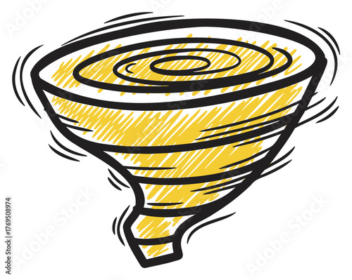 Black and yellow hand-drawn tornado sketch with swirling lines depicting a dynamic and energetic motion.