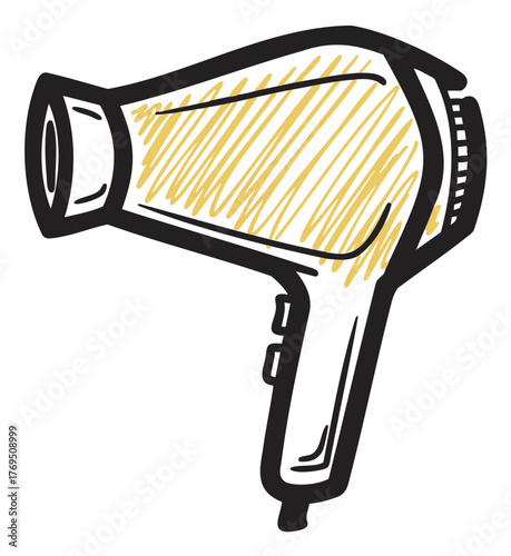 Hand-drawn sketch of a hairdryer with yellow shading and black outline detailing for styling and grooming concepts.
