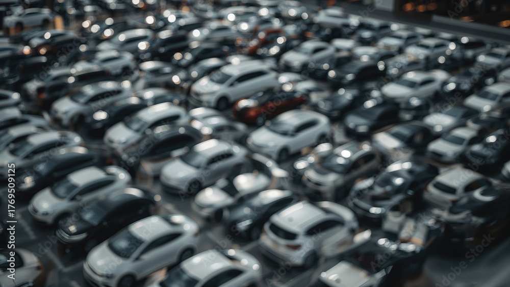 Obraz premium Blurred lot of cars in the parking lot at the shopping mall.