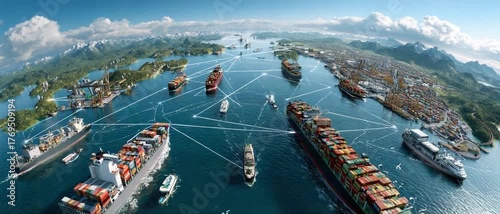 Maritime Network: Aerial perspective of cargo ships navigating a vast waterway, connected digitally, highlighting global trade and the movement of goods.