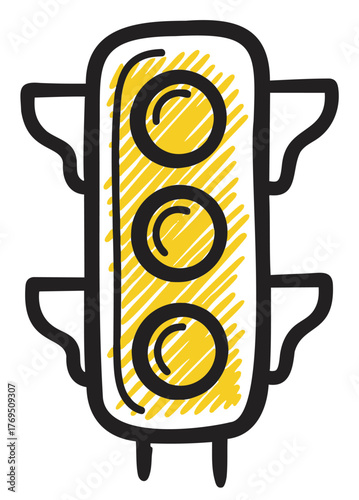 Black outline drawing of a vertical traffic light with three large circular lights and decorative wings on each side.