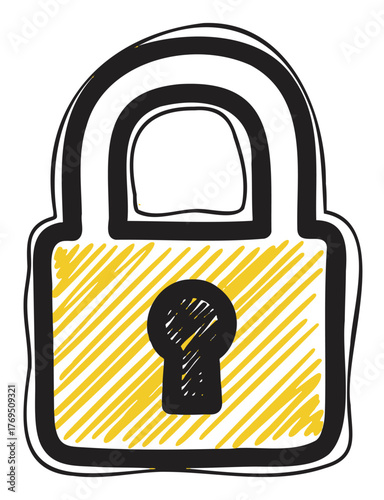 Black outlined padlock with a yellow body, featuring a shaded keyhole in a simplistic hand-drawn style.