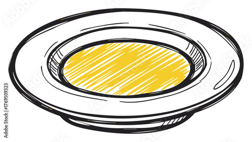 Hand-drawn sketch of a round plate with a yellow center, featuring bold black outlines for emphasis.