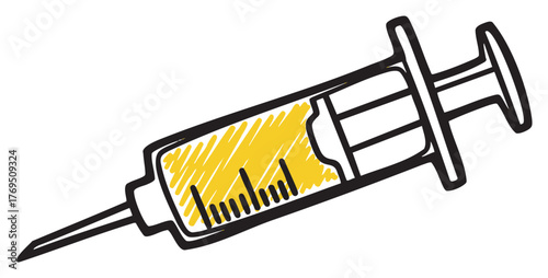 Hand-drawn black outline syringe with yellow liquid, featuring detailed plunger and graduated markings.