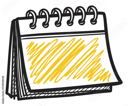 Black outline drawing of a spiral-bound desk calendar with yellow scribbles on its pages, representing organization and planning.
