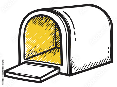 Black outline vector icon of a simple dome-style outdoor pizza oven with an open front and a yellow interior.