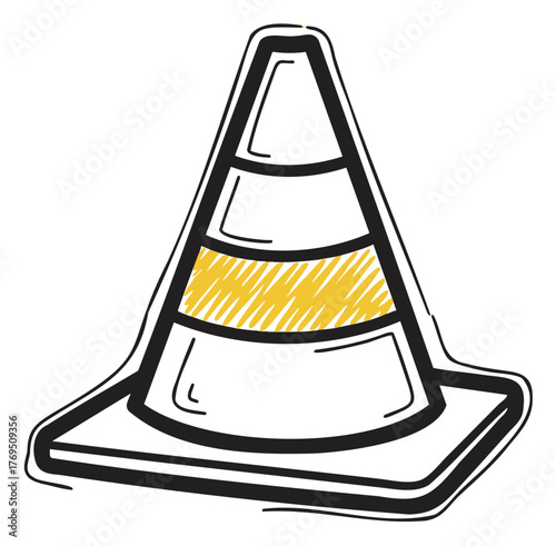 Black outline vector drawing of a classic traffic cone with orange striped pattern, ideal for road safety and construction themes.