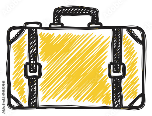 Hand-drawn sketch of a vintage travel suitcase with yellow shading and two buckles, illustrating a retro luggage concept.