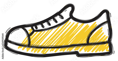 Sketch-style illustration of a yellow and black casual sneaker with bold outlines and detailed laces, representing urban fashion and modern footwear.
